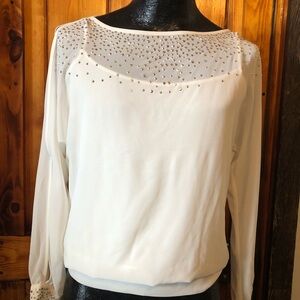 Cache White Long-Sleeve Blouse with Gold Stud Detailing built in tank top sz sm